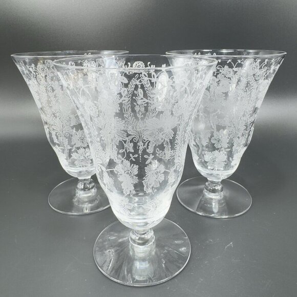 Vintage Viking Glass PRELUDE Etched Clear Footed Glasses Cups Tumblers Set 3 - Picture 1 of 11